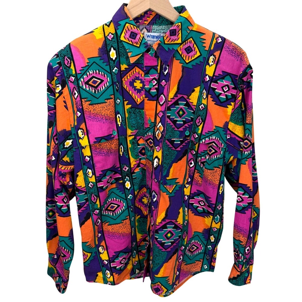 VTG 90s Wrangler Aztec Navajo Southwestern Shirt Womens Size L Cowgirl Rodeo - Picture 2 of 5
